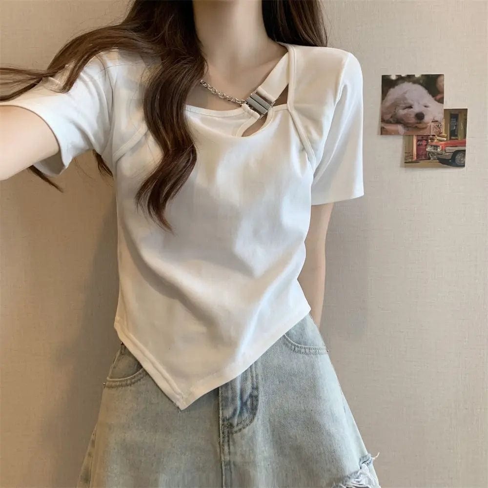 Saboor store  Slim Fit And Thin Cover Belly Hot Girl Irregular Short-sleeved T-shirt For Women White / L Slim Fit And Thin Cover Belly Hot Girl Irregular Short-sleeved T-shirt For Women