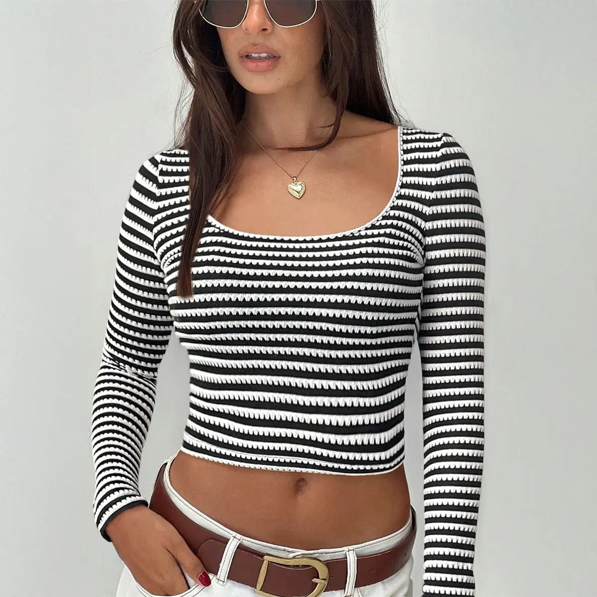 Saboor store  Slim-fit Two-tone Striped Long-sleeved Knitted T-shirt Black / L Slim-fit Two-tone Striped Long-sleeved Knitted T-shirt