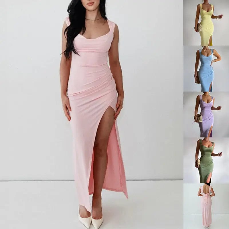 Saboor store  Slim Sleeveless Slit Dress With Back Tie Design Fashion Temperament Dresses For Women Clothing Slim Sleeveless Slit Dress With Back Tie Design Fashion Temperament Dresses For Women Clothing