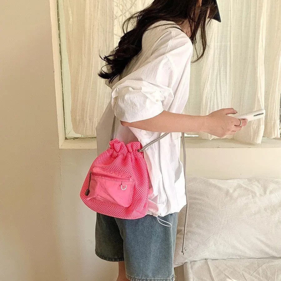 Saboor store Small Mesh Drawstring Bucket Bag Fashion Pink Small Mesh Drawstring Bucket Bag Fashion Cute Messenger Shoulder Bags For Women