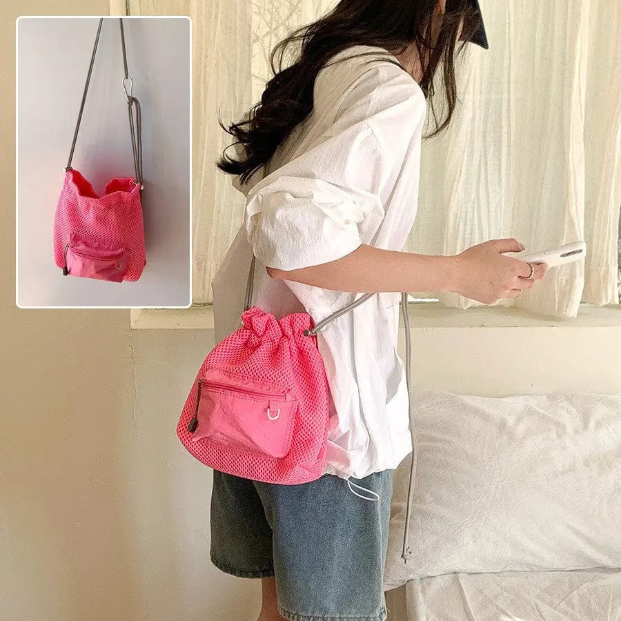 Saboor store Small Mesh Drawstring Bucket Bag Fashion Small Mesh Drawstring Bucket Bag Fashion Cute Messenger Shoulder Bags For Women