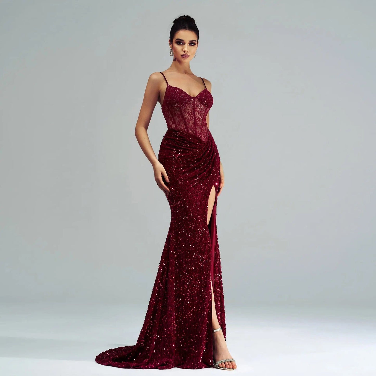 Saboor store Spaghetti Straps Sleeveless Sequined Hig Spaghetti Straps Sleeveless Sequined High Slit Evening Dress