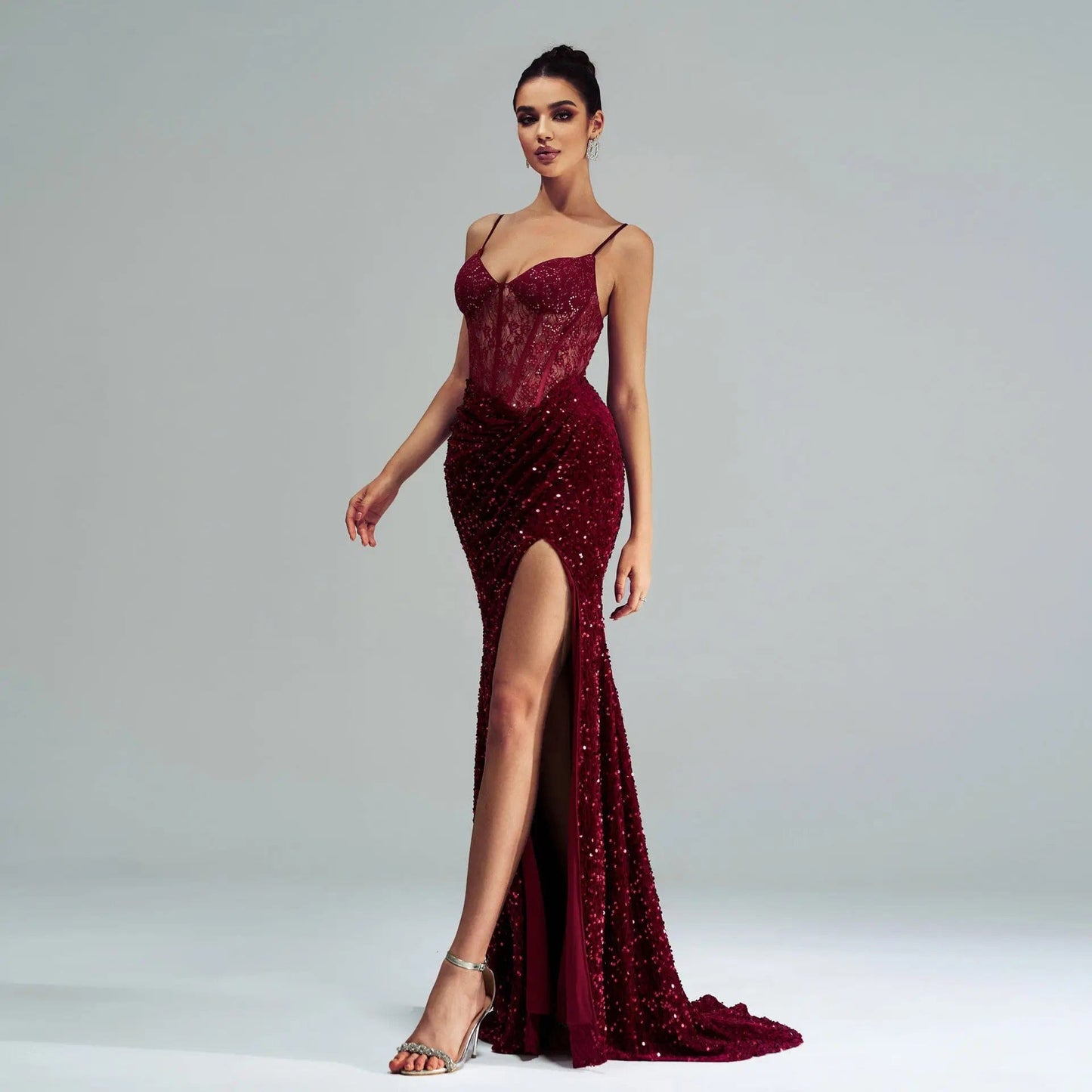 Saboor store Spaghetti Straps Sleeveless Sequined Hig Spaghetti Straps Sleeveless Sequined High Slit Evening Dress