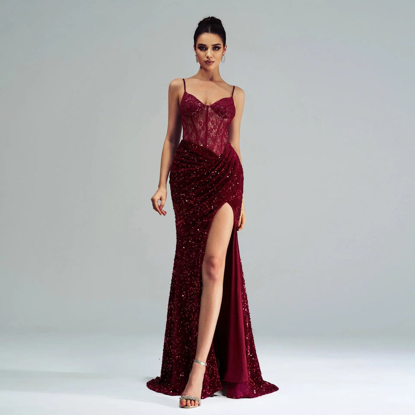 Saboor store Spaghetti Straps Sleeveless Sequined Hig Spaghetti Straps Sleeveless Sequined High Slit Evening Dress