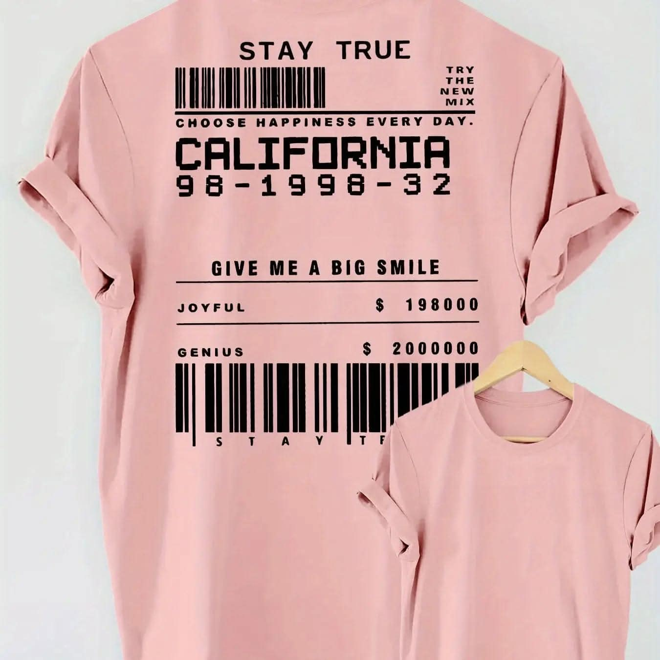 Saboor store  STAY TRUE Letter Print Short-sleeve Crew Neck Pink / L STAY TRUE Letter Print Short-sleeve Crew Neck