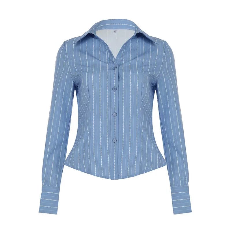 Saboor store  Striped Lapel Shirt European And American Fashion Women's Slim Top Blue / L Striped Lapel Shirt European And American Fashion Women's Slim Top