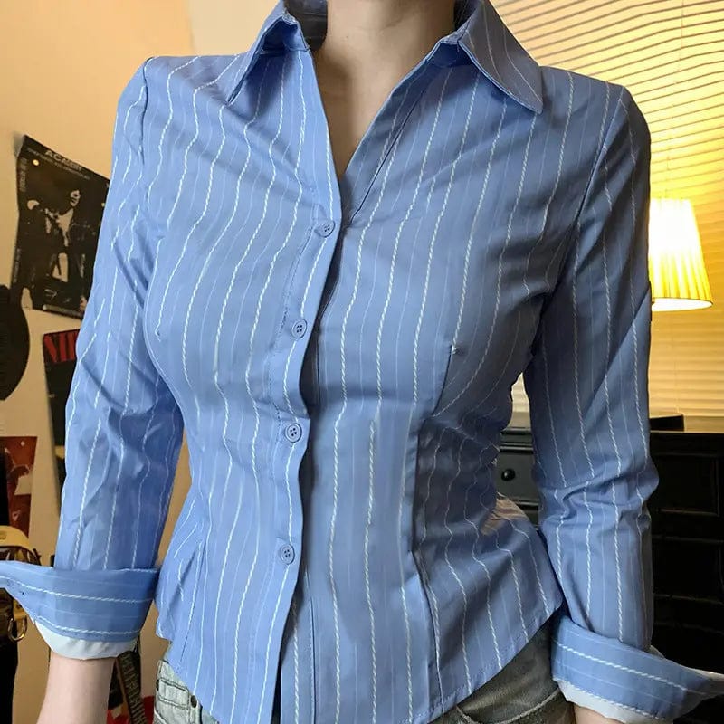 Saboor store  Striped Lapel Shirt European And American Fashion Women's Slim Top Striped Lapel Shirt European And American Fashion Women's Slim Top