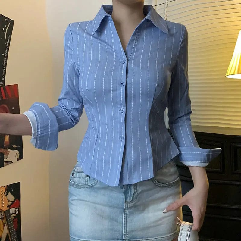 Saboor store  Striped Lapel Shirt European And American Fashion Women's Slim Top Striped Lapel Shirt European And American Fashion Women's Slim Top