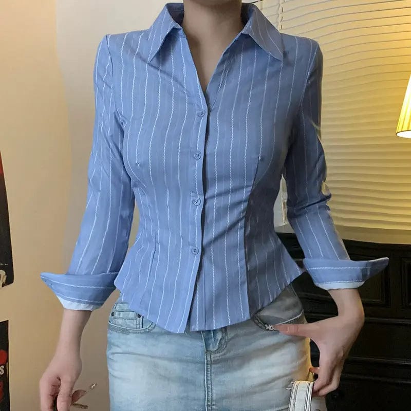 Saboor store  Striped Lapel Shirt European And American Fashion Women's Slim Top Striped Lapel Shirt European And American Fashion Women's Slim Top