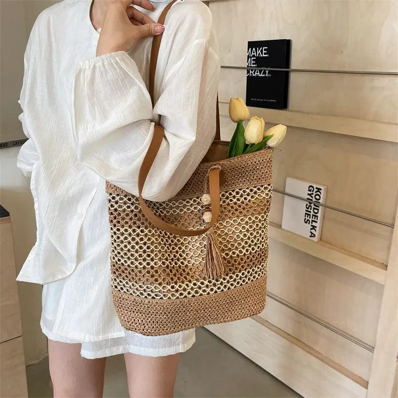 Saboor store Summer Stripe Straw Sholder Bags With Ta Summer Stripe Straw Sholder Bags With Tassel Pendant Fashion Large Capacity Seaside Vacation Beach Bags