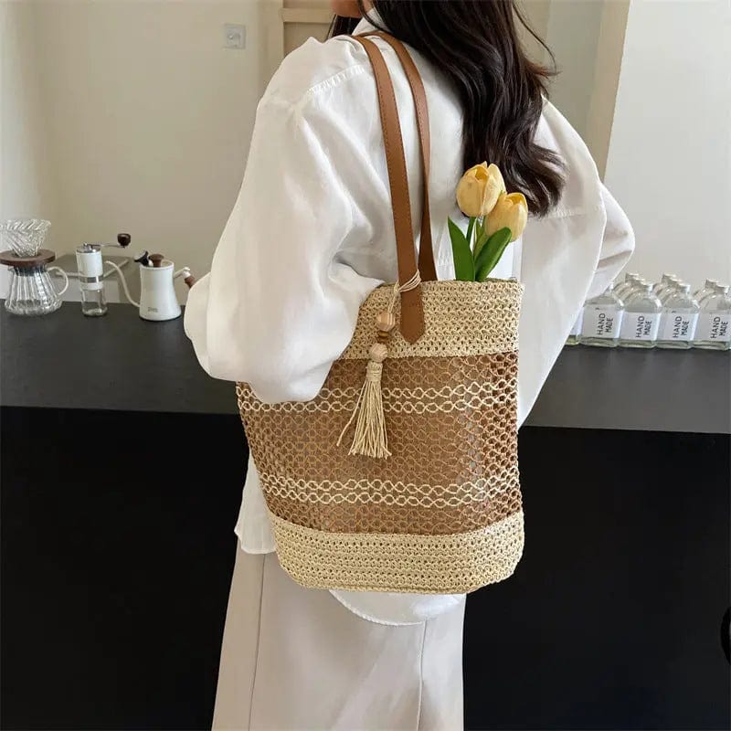 Saboor store Summer Stripe Straw Sholder Bags With Ta Summer Stripe Straw Sholder Bags With Tassel Pendant Fashion Large Capacity Seaside Vacation Beach Bags