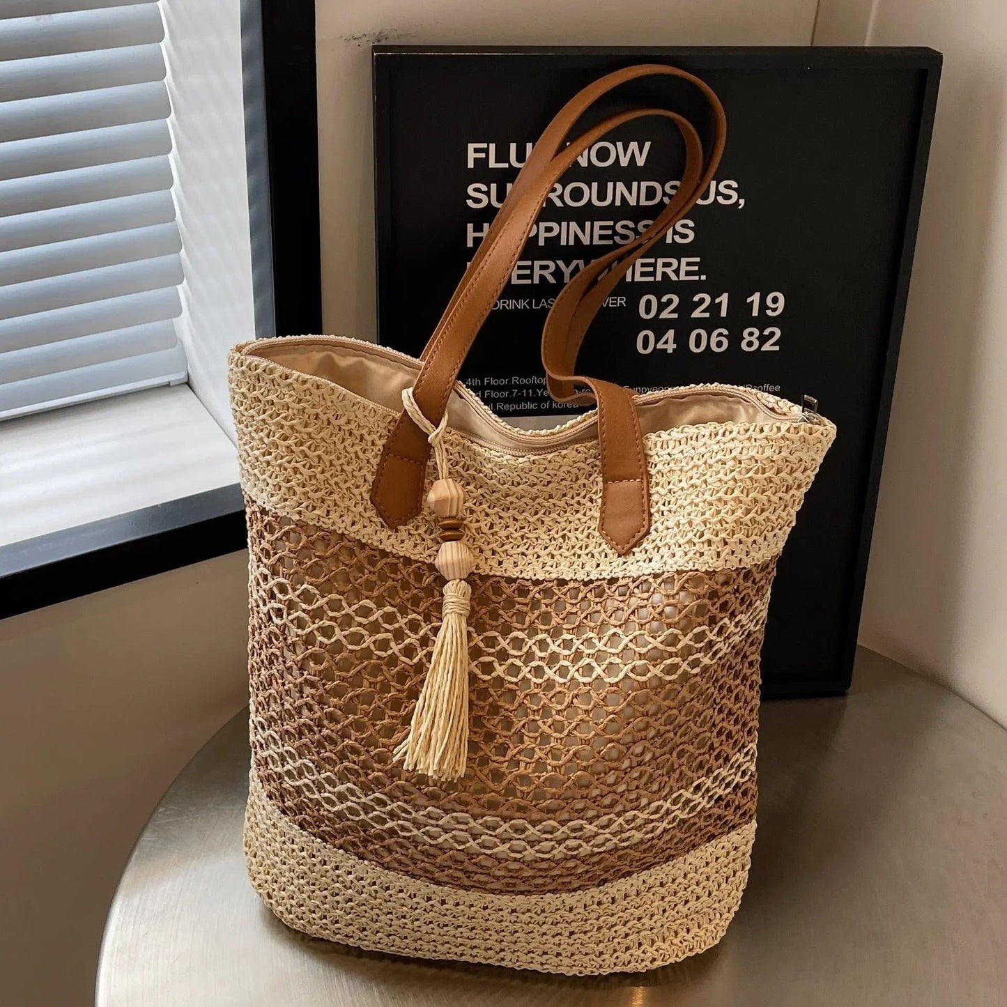 Saboor store Summer Stripe Straw Sholder Bags With Ta Summer Stripe Straw Sholder Bags With Tassel Pendant Fashion Large Capacity Seaside Vacation Beach Bags