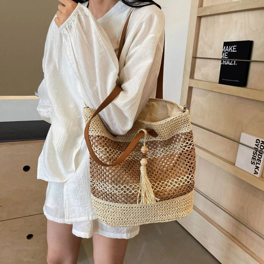 Saboor store Summer Stripe Straw Sholder Bags With Ta Summer Stripe Straw Sholder Bags With Tassel Pendant Fashion Large Capacity Seaside Vacation Beach Bags