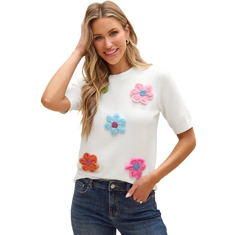 Saboor store  Three-dimensional Flower Decoration Half-sleeve Top European And American Commuters' Knitted Three-dimensional Flower Decoration Half-sleeve Top European And American Commuters' Knitted