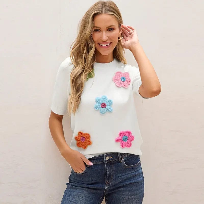 Saboor store  Three-dimensional Flower Decoration Half-sleeve Top European And American Commuters' Knitted Three-dimensional Flower Decoration Half-sleeve Top European And American Commuters' Knitted