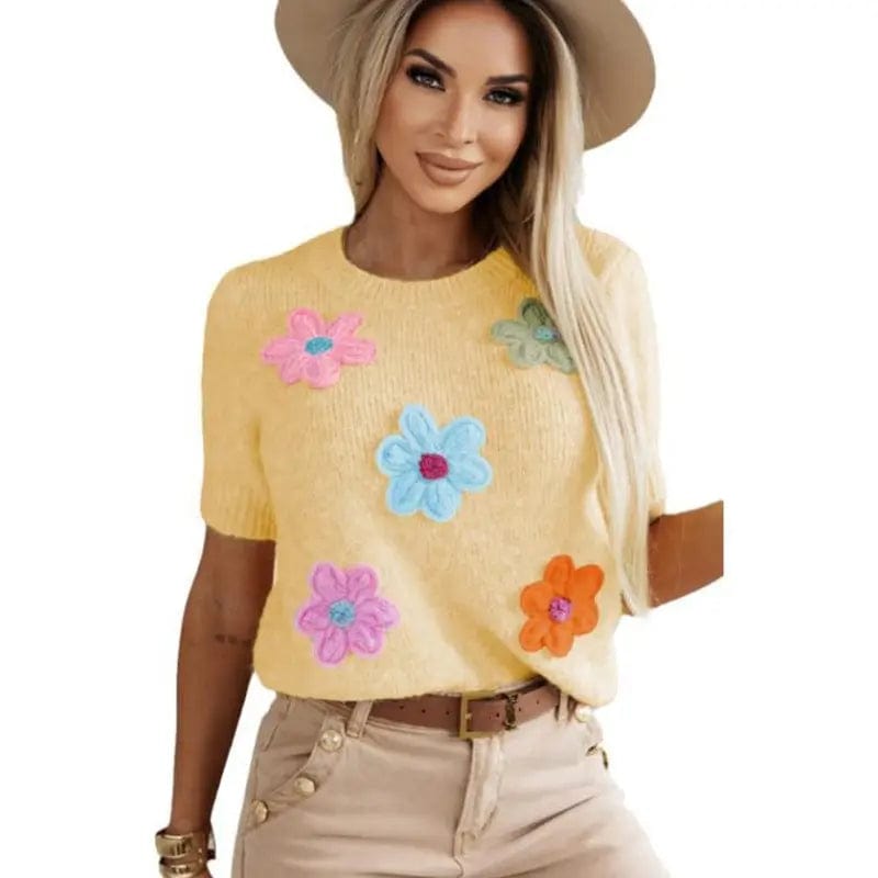 Saboor store  Three-dimensional Flower Decoration Half-sleeve Top European And American Commuters' Knitted Yellow / L Three-dimensional Flower Decoration Half-sleeve Top European And American Commuters' Knitted