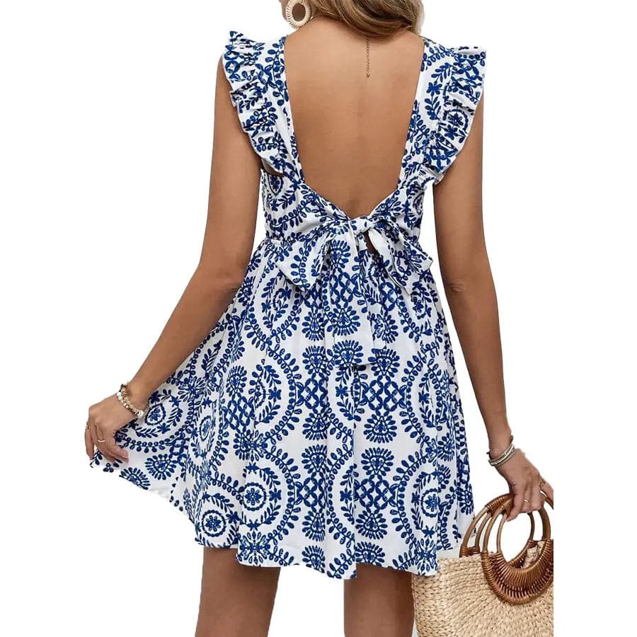 Saboor store V-neck Flounce Shoulder Strap Blue Print V-neck Flounce Shoulder Strap Blue Printed Dress