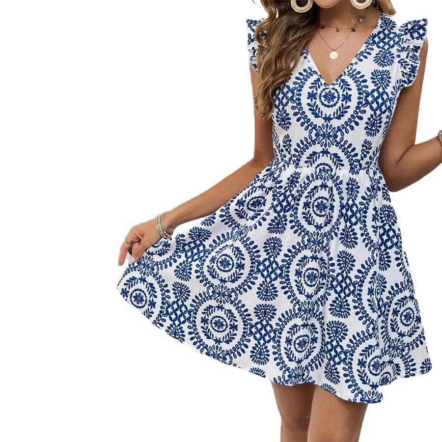 Saboor store V-neck Flounce Shoulder Strap Blue Print V-neck Flounce Shoulder Strap Blue Printed Dress