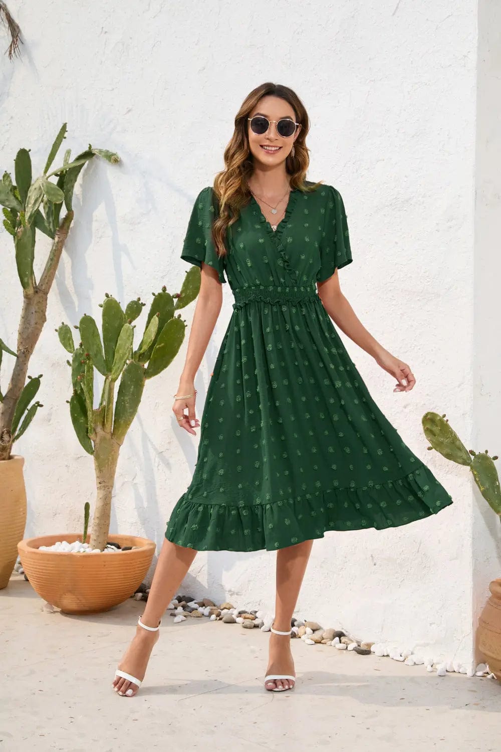 Saboor store V-neck High Waist Tied Dress Fur Ball Sh Green / L V-neck High Waist Tied Dress Fur Ball Short Sleeve