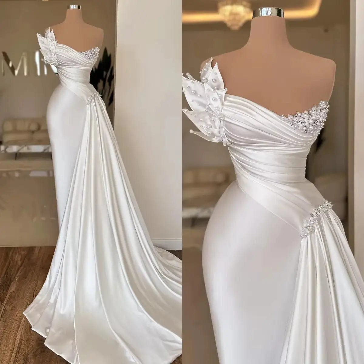 Saboor store White Graceful Satin Simple Lightweight White / 10 Yards White Graceful Satin Simple Lightweight Wedding Dress Long Dress