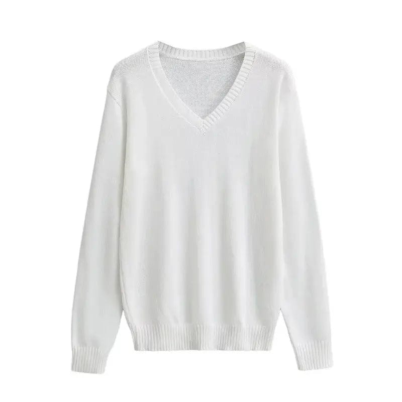 Saboor store  White / M American Retro Simple V-neck Pullover Sweater