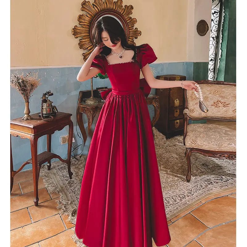 Saboor store Winter Wine Red Engagement Daily French Wine Red Long / L Winter Wine Red Engagement Daily French Princess On The Run Satin Dress