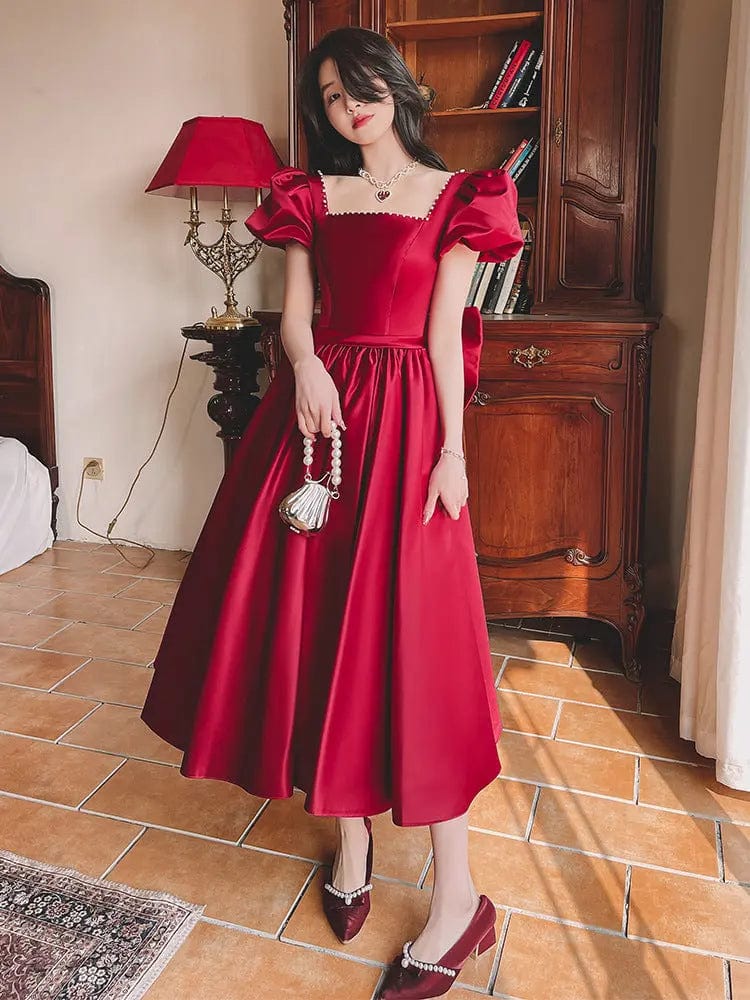 Saboor store Winter Wine Red Engagement Daily French Winter Wine Red Engagement Daily French Princess On The Run Satin Dress