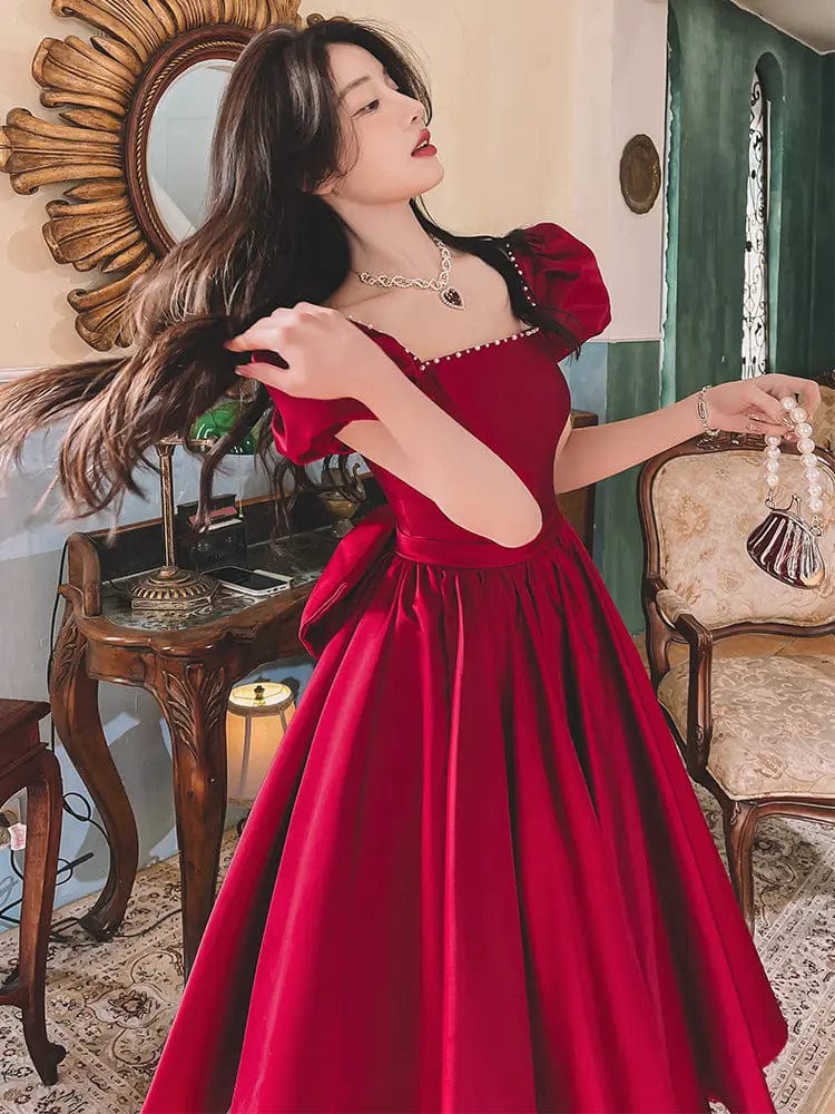 Saboor store Winter Wine Red Engagement Daily French Winter Wine Red Engagement Daily French Princess On The Run Satin Dress