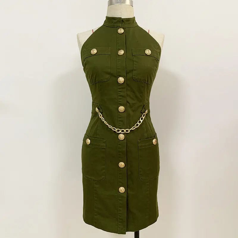 Saboor store Women Lion Buttons Chain Green Cotton Ba Women Lion Buttons Chain Green Cotton Backless Halter Dress