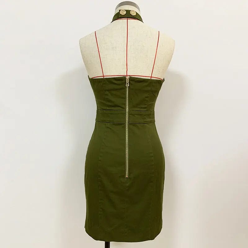 Saboor store Women Lion Buttons Chain Green Cotton Ba Women Lion Buttons Chain Green Cotton Backless Halter Dress