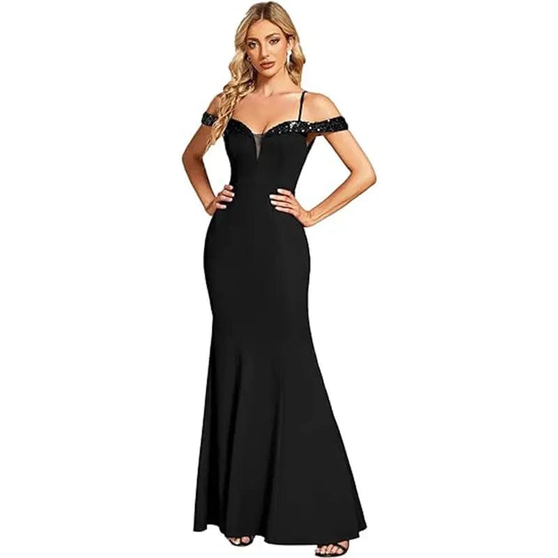 Saboor store Women's Clothing Off-neck Sling Evening Black / US10 Women's Clothing Off-neck Sling Evening Long Dress