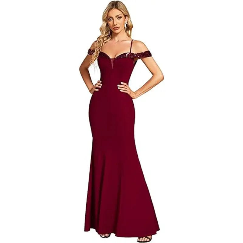 Saboor store Women's Clothing Off-neck Sling Evening Wine Red / US10 Women's Clothing Off-neck Sling Evening Long Dress