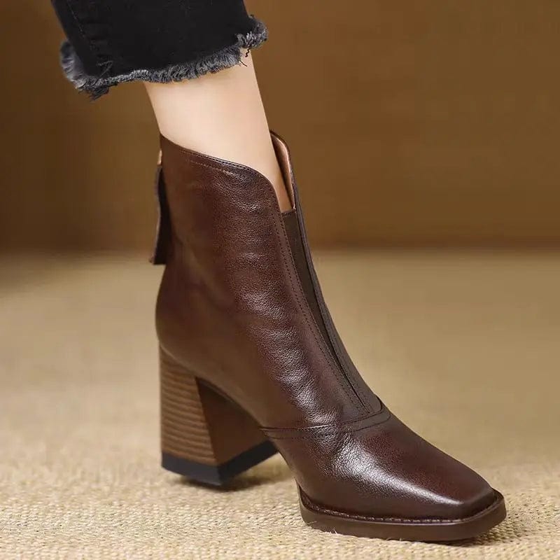 Saboor store Women's Fashion Retro Square Toe Ankle B Dark Brown / 35 Women's Fashion Retro Square Toe Ankle Boots