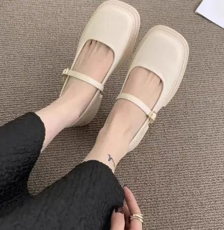 Saboor store Women's Platform Leather Shoes Round Hea Beige / 35 Women's Platform Leather Shoes Round Head British Style Buckle Pearl