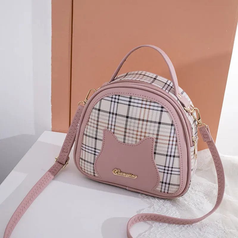 Saboor store Women's Printed Checks Cat Pattern Shoul Pink Women's Printed Checks Cat Pattern Shoulder Bag