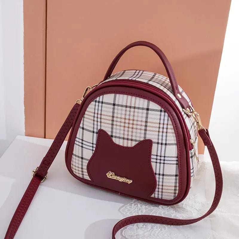 Saboor store Women's Printed Checks Cat Pattern Shoul Red Women's Printed Checks Cat Pattern Shoulder Bag