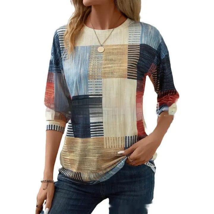 Saboor store  Women's Printed Round Neck Long Sleeve Top