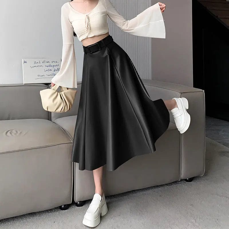 Saboor store  Women's Skirts > Midi Skirts > A-Line Skirts Black / L Women's A-line skirt High Waist Leather Skirt Midi Skirt