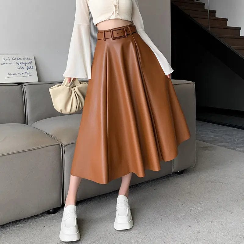 Saboor store  Women's Skirts > Midi Skirts > A-Line Skirts Brown / L Women's A-line skirt High Waist Leather Skirt Midi Skirt