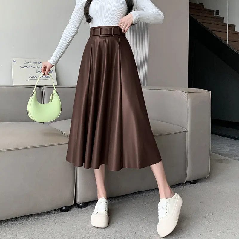 Saboor store  Women's Skirts > Midi Skirts > A-Line Skirts Chocolate / L Women's A-line skirt High Waist Leather Skirt Midi Skirt