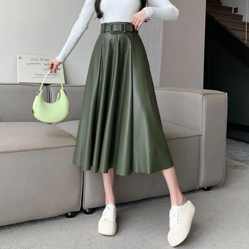 Saboor store  Women's Skirts > Midi Skirts > A-Line Skirts Green / L Women's A-line skirt High Waist Leather Skirt Midi Skirt