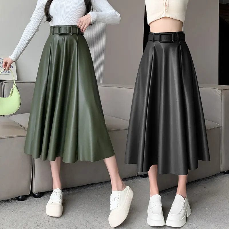 Saboor store  Women's Skirts > Midi Skirts > A-Line Skirts Women's A-line skirt High Waist Leather Skirt Midi Skirt