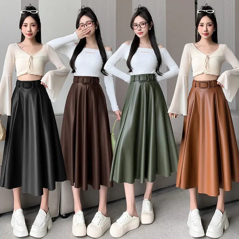 Saboor store  Women's Skirts > Midi Skirts > A-Line Skirts Women's A-line skirt High Waist Leather Skirt Midi Skirt