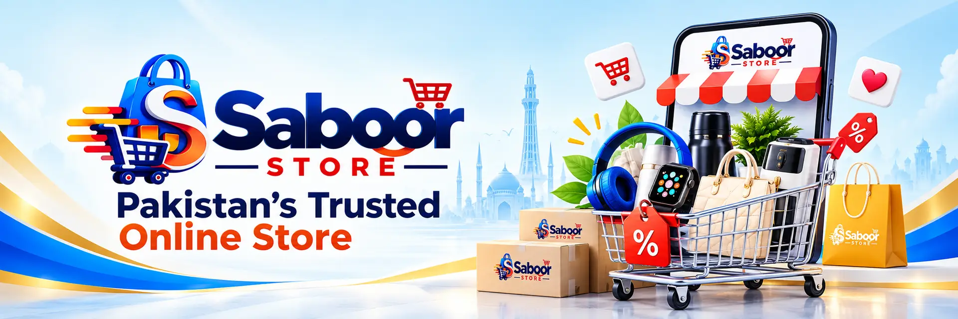 Saboor Store Pakistan banner featuring electronics, kitchen appliances and shopping products