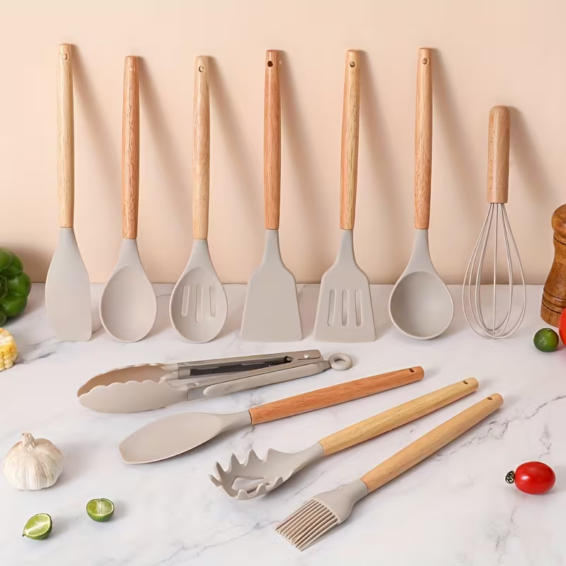 12 Piece Khaki Silicone Kitchen Utensil Set with Wooden Handles